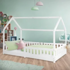 Kinderbett Hausbett 90x200 cm Weiß aus Kiefernholz mit Rausfallschutz Dach und Lattenrost Holzbett ML-Design-ECD Germany Outlet