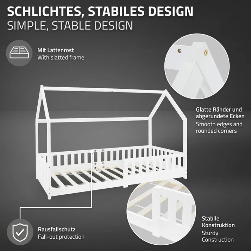 Kinderbett Hausbett 90x200 cm Weiß aus Kiefernholz mit Rausfallschutz Dach und Lattenrost Holzbett ML-Design-ECD Germany Outlet