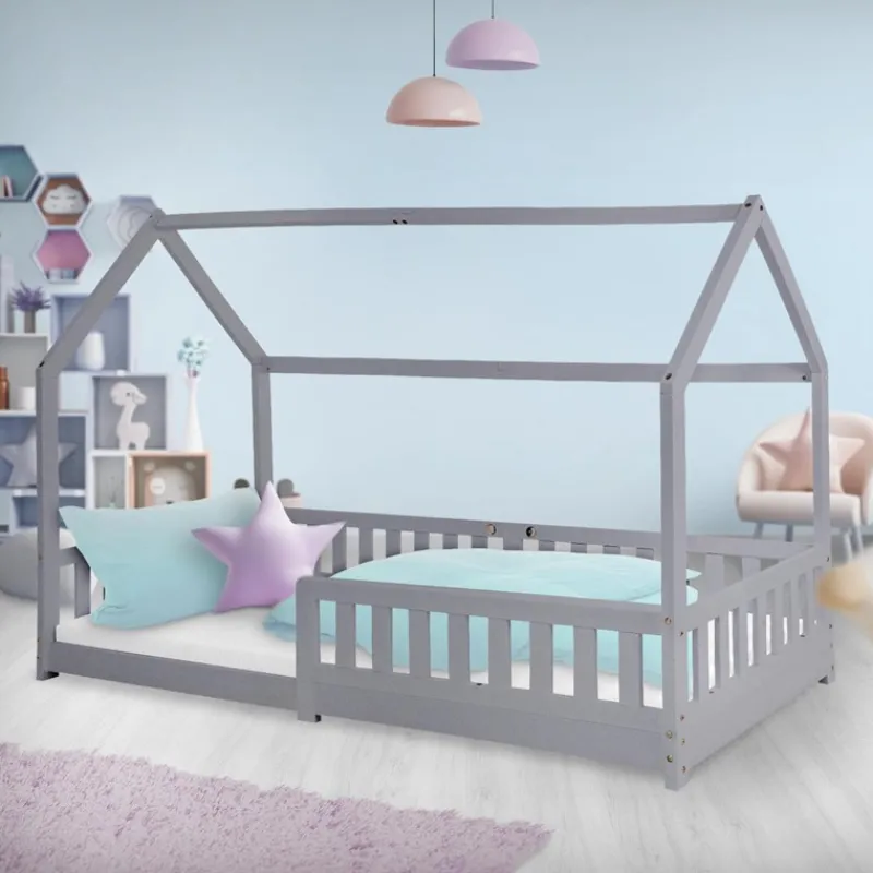 Kinderbett Hausbett 90x200 cm Hellgrau aus Kiefernholz mit Rausfallschutz Dach und Lattenrost Holzbett ML-Design-ECD Germany Online