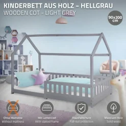 Kinderbett Hausbett 90x200 cm Hellgrau aus Kiefernholz mit Rausfallschutz Dach und Lattenrost Holzbett ML-Design-ECD Germany Online