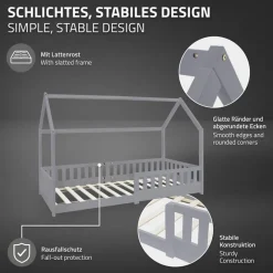Kinderbett Hausbett 90x200 cm Hellgrau aus Kiefernholz mit Rausfallschutz Dach und Lattenrost Holzbett ML-Design-ECD Germany Online