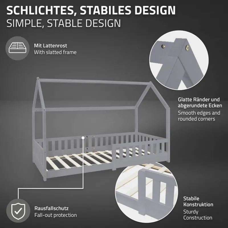 Kinderbett Hausbett 90x200 cm Hellgrau aus Kiefernholz mit Rausfallschutz Dach und Lattenrost Holzbett ML-Design-ECD Germany Online