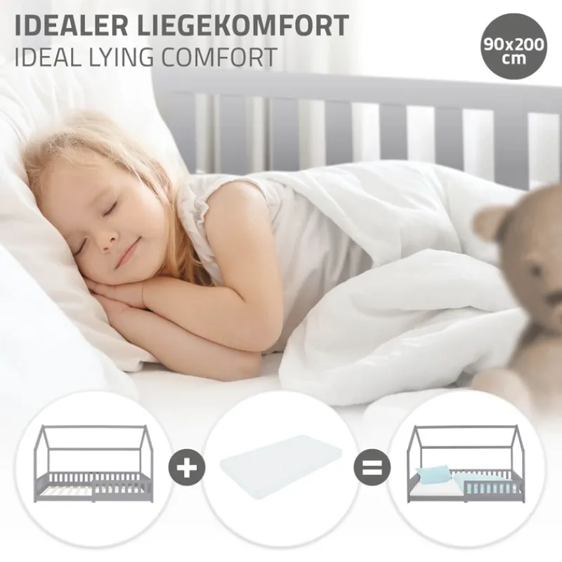 Kinderbett Hausbett 90x200 cm Hellgrau aus Kiefernholz mit Rausfallschutz Dach und Lattenrost Holzbett ML-Design-ECD Germany Online