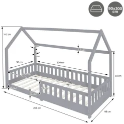 Kinderbett Hausbett 90x200 cm Hellgrau aus Kiefernholz mit Rausfallschutz Dach und Lattenrost Holzbett ML-Design-ECD Germany Online