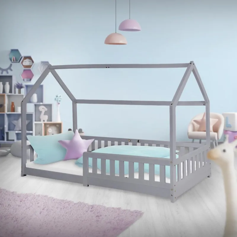 Kinderbett Hausbett 90x200 cm Hellgrau aus Kiefernholz mit Rausfallschutz Dach und Lattenrost Holzbett ML-Design-ECD Germany Online
