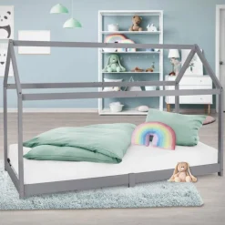 Kinderbett Hausbett 90x200 cm Hellgrau aus Kiefernholz Holzbett mit Dach und Lattenrost ML-Design-ECD Germany Outlet