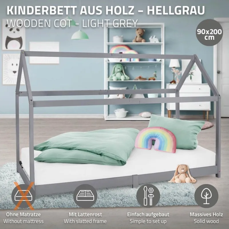 Kinderbett Hausbett 90x200 cm Hellgrau aus Kiefernholz Holzbett mit Dach und Lattenrost ML-Design-ECD Germany Outlet