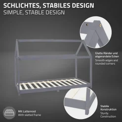 Kinderbett Hausbett 90x200 cm Hellgrau aus Kiefernholz Holzbett mit Dach und Lattenrost ML-Design-ECD Germany Outlet