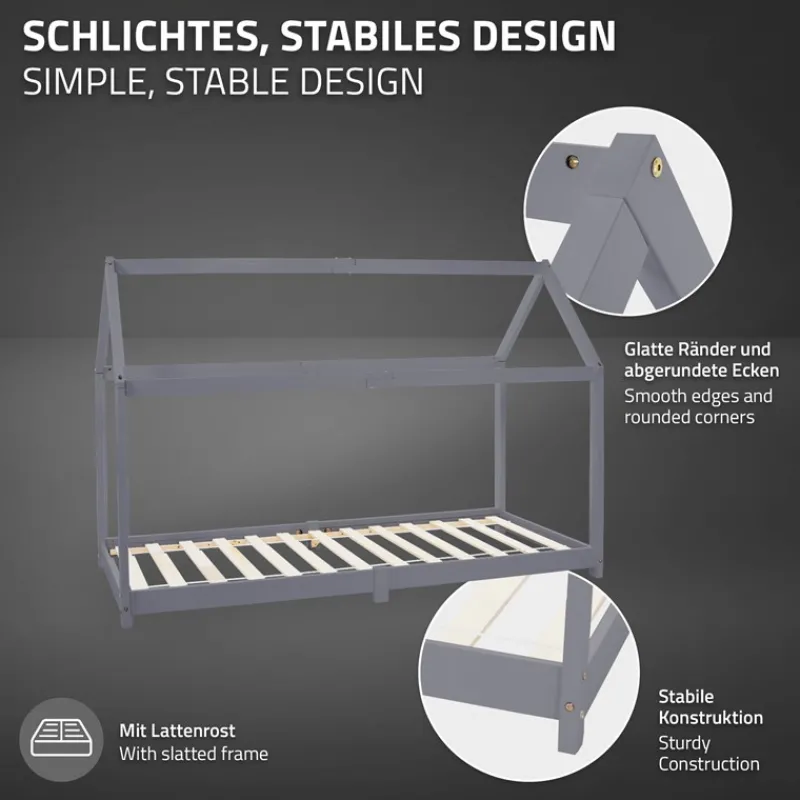 Kinderbett Hausbett 90x200 cm Hellgrau aus Kiefernholz Holzbett mit Dach und Lattenrost ML-Design-ECD Germany Outlet