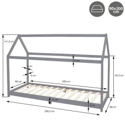 Kinderbett Hausbett 90x200 cm Hellgrau aus Kiefernholz Holzbett mit Dach und Lattenrost ML-Design-ECD Germany Outlet