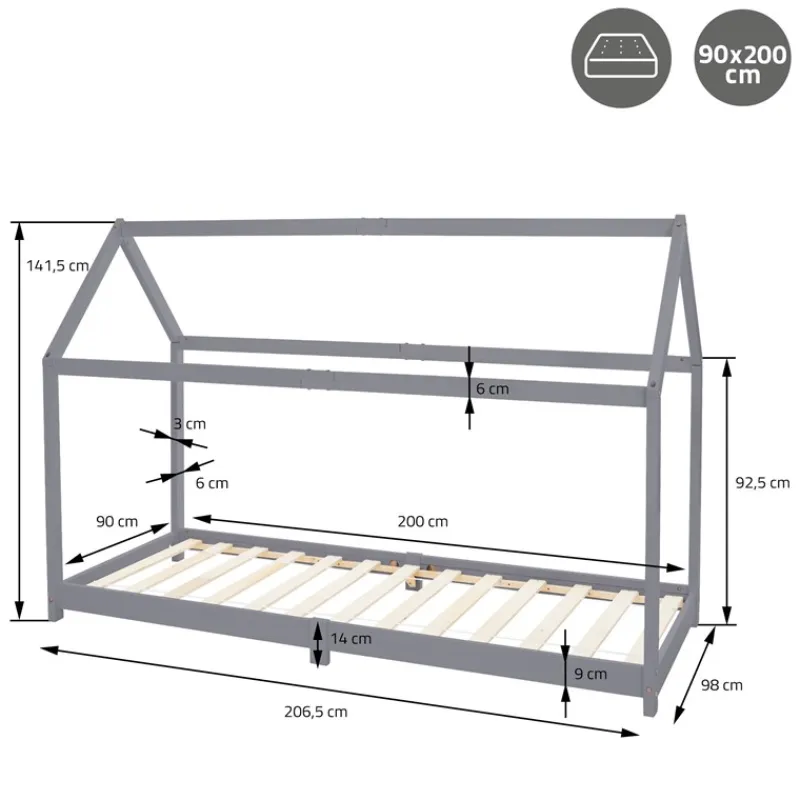 Kinderbett Hausbett 90x200 cm Hellgrau aus Kiefernholz Holzbett mit Dach und Lattenrost ML-Design-ECD Germany Outlet