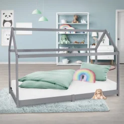 Kinderbett Hausbett 90x200 cm Hellgrau aus Kiefernholz Holzbett mit Dach und Lattenrost ML-Design-ECD Germany Outlet