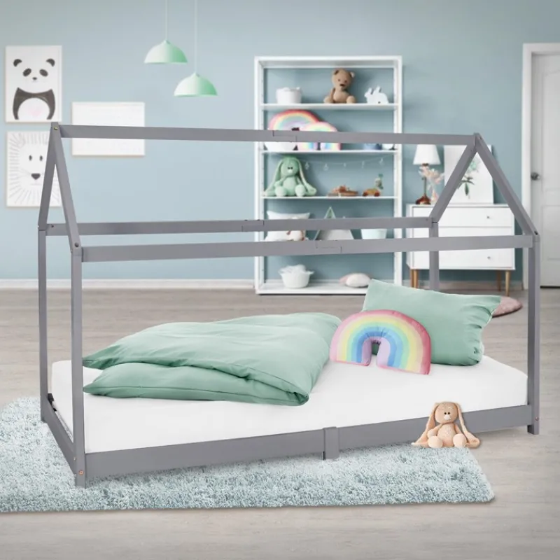 Kinderbett Hausbett 90x200 cm Hellgrau aus Kiefernholz Holzbett mit Dach und Lattenrost ML-Design-ECD Germany Outlet