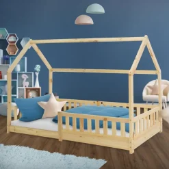 Kinderbett Hausbett 90x200 cm aus Kiefernholz mit Rausfallschutz Dach und Lattenrost Holzbett ML-Design-ECD Germany Best