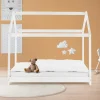 Kinderbett Hausbett 70x140 cm Weiß aus Kiefernholz Holzbett mit Dach und Lattenrost ML-Design-ECD Germany Best