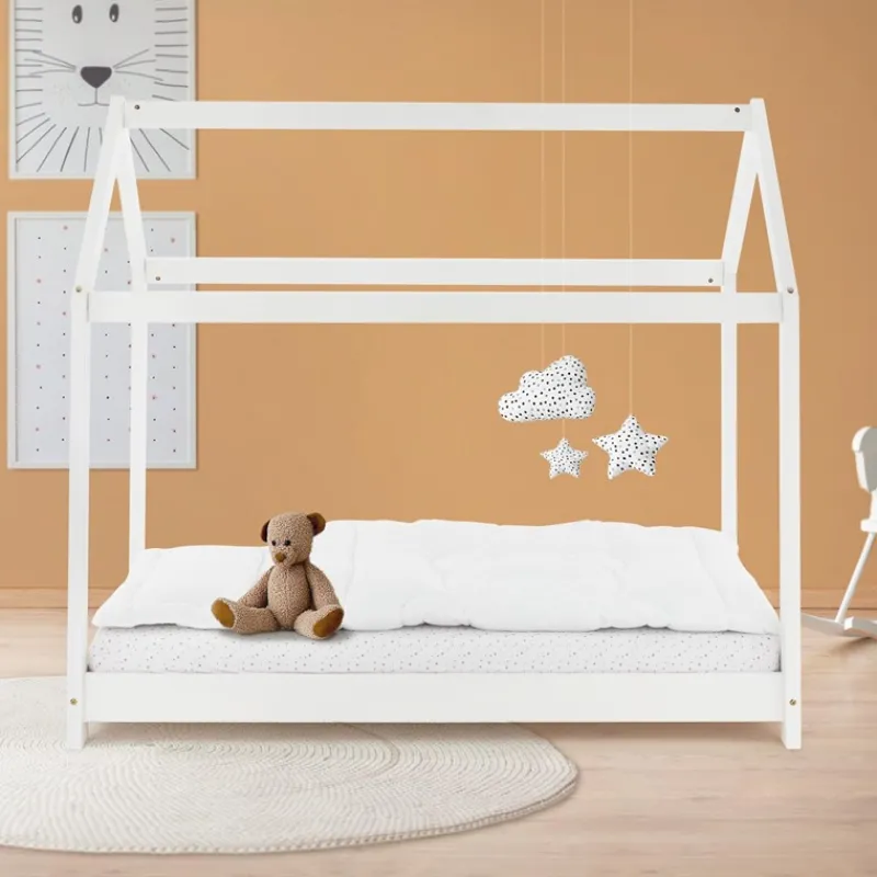 Kinderbett Hausbett 70x140 cm Weiß aus Kiefernholz Holzbett mit Dach und Lattenrost ML-Design-ECD Germany Best