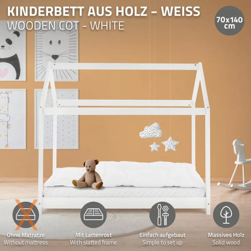 Kinderbett Hausbett 70x140 cm Weiß aus Kiefernholz Holzbett mit Dach und Lattenrost ML-Design-ECD Germany Best