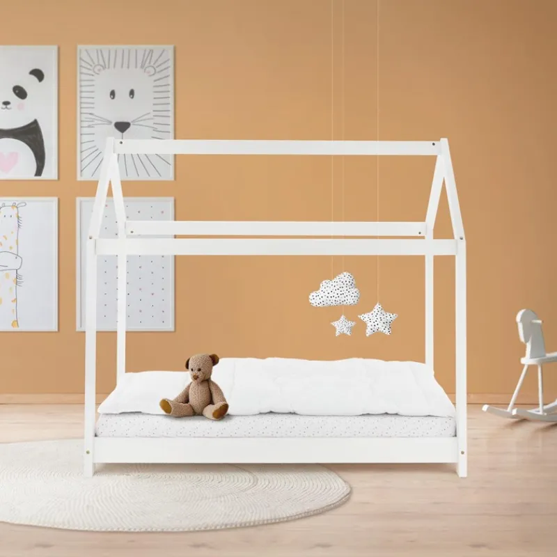 Kinderbett Hausbett 70x140 cm Weiß aus Kiefernholz Holzbett mit Dach und Lattenrost ML-Design-ECD Germany Best