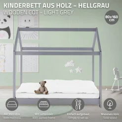 Kinderbett Hausbett 80x160 cm Hellgrau aus Kiefernholz inkl. Matratze H-10cm Holzbett mit Dach und Lattenrost ML-Design-ECD Germany