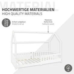 Kinderbett Hausbett 90x200 cm Weiß aus Kiefernholz inkl. Matratze H-10cm Rausfallschutz Dach und Lattenrost ML-Design-ECD Germany Outlet