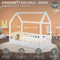 Kinderbett Hausbett 70x140 cm Weiß aus Kiefernholz inkl. Matratze H-10cm Rausfallschutz Dach und Lattenrost ML-Design-ECD Germany