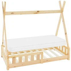 Kinderbett Tipi 70x140 cm aus Kiefernholz inkl. Matratze H-10cm Rausfallschutz und Lattenrost ML-Design-ECD Germany Hot