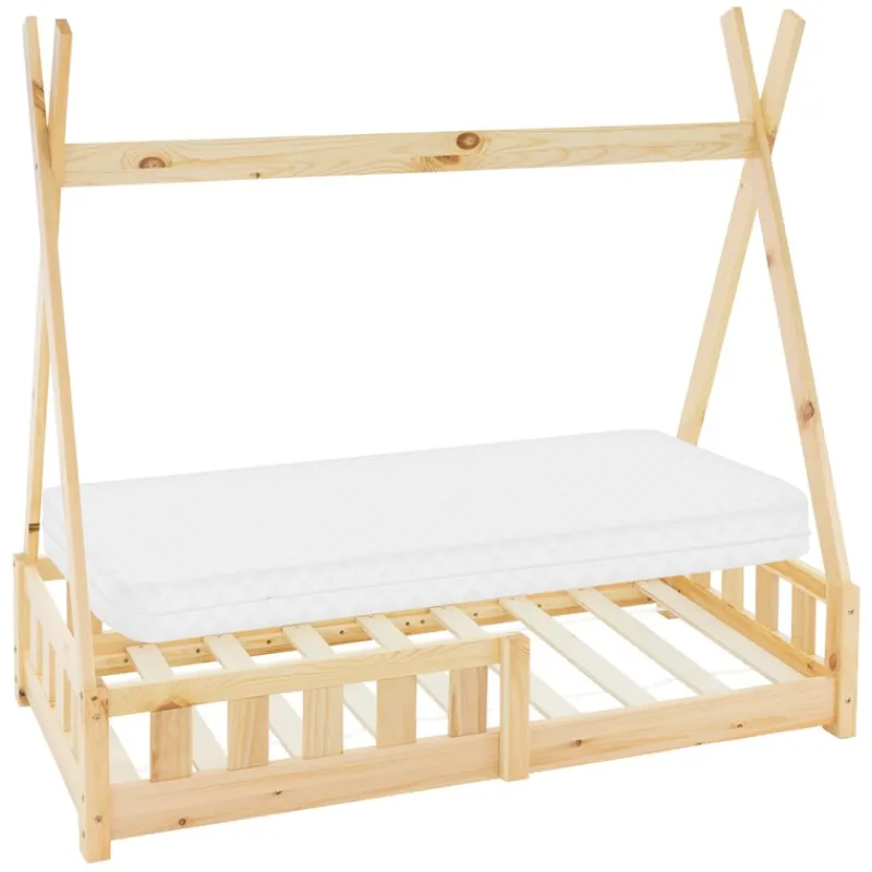Kinderbett Tipi 70x140 cm aus Kiefernholz inkl. Matratze H-10cm Rausfallschutz und Lattenrost ML-Design-ECD Germany Hot