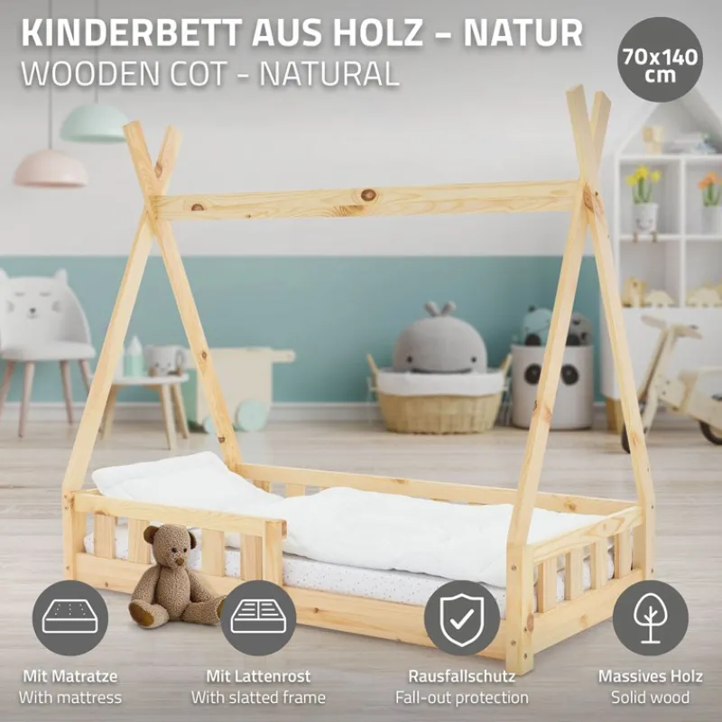 Kinderbett Tipi 70x140 cm aus Kiefernholz inkl. Matratze H-10cm Rausfallschutz und Lattenrost ML-Design-ECD Germany Hot