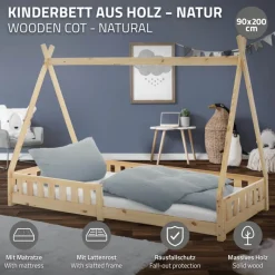 Kinderbett Tipi 90x200 cm aus Kiefernholz inkl. Matratze H-10cm Rausfallschutz und Lattenrost ML-Design-ECD Germany Online
