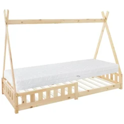 Kinderbett Tipi 90x200 cm aus Kiefernholz inkl. Matratze H-16cm Rausfallschutz und Lattenrost ML-Design-ECD Germany Clearance