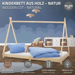 Kinderbett Tipi 90x200 cm aus Kiefernholz Holzbett mit Lattenrost ML-Design-ECD Germany