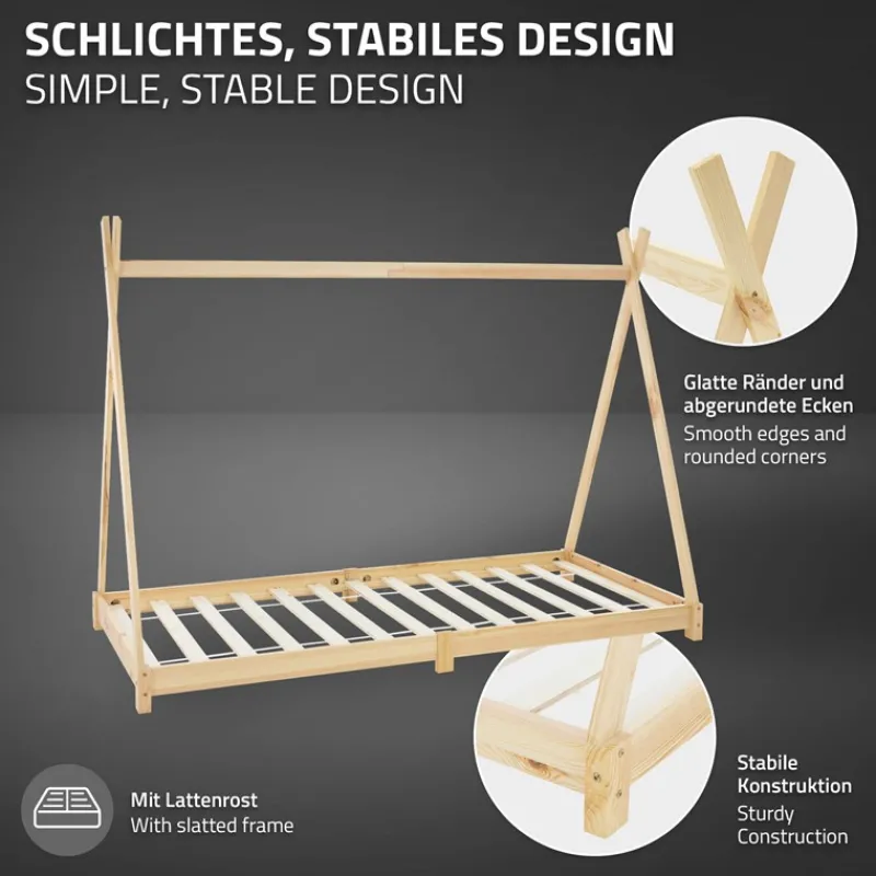 Kinderbett Tipi 90x200 cm aus Kiefernholz Holzbett mit Lattenrost ML-Design-ECD Germany