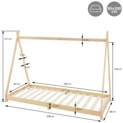 Kinderbett Tipi 90x200 cm aus Kiefernholz Holzbett mit Lattenrost ML-Design-ECD Germany