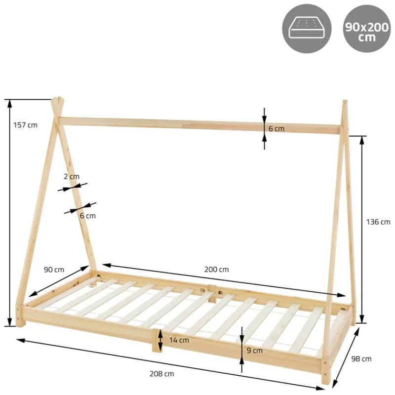Kinderbett Tipi 90x200 cm aus Kiefernholz Holzbett mit Lattenrost ML-Design-ECD Germany