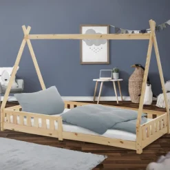 Kinderbett Tipi 90x200 cm aus Kiefernholz mit Rausfallschutz und Lattenrost Holzbett ML-Design-ECD Germany New