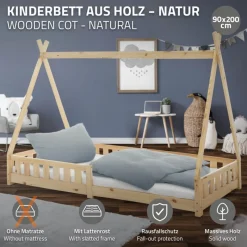 Kinderbett Tipi 90x200 cm aus Kiefernholz mit Rausfallschutz und Lattenrost Holzbett ML-Design-ECD Germany New