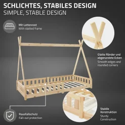 Kinderbett Tipi 90x200 cm aus Kiefernholz mit Rausfallschutz und Lattenrost Holzbett ML-Design-ECD Germany New