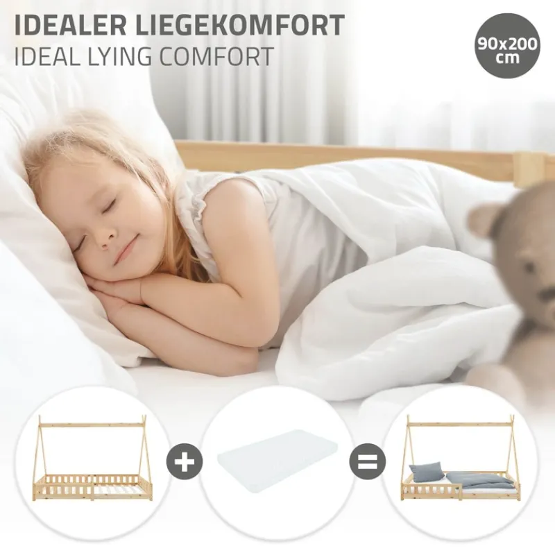 Kinderbett Tipi 90x200 cm aus Kiefernholz mit Rausfallschutz und Lattenrost Holzbett ML-Design-ECD Germany New