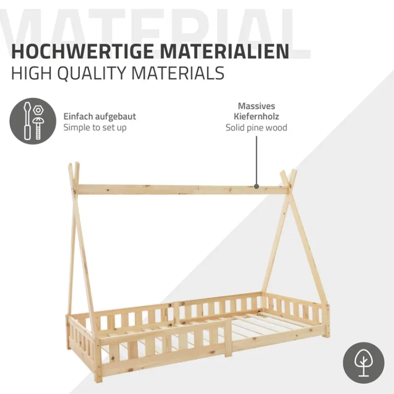 Kinderbett Tipi 90x200 cm aus Kiefernholz mit Rausfallschutz und Lattenrost Holzbett ML-Design-ECD Germany New