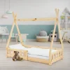 Kinderbett Tipi 70x140 cm aus Kiefernholz mit Rausfallschutz und Lattenrost Holzbett ML-Design-ECD Germany