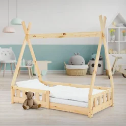 Kinderbett Tipi 70x140 cm aus Kiefernholz mit Rausfallschutz und Lattenrost Holzbett ML-Design-ECD Germany