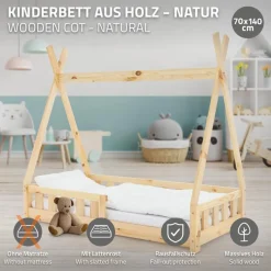 Kinderbett Tipi 70x140 cm aus Kiefernholz mit Rausfallschutz und Lattenrost Holzbett ML-Design-ECD Germany