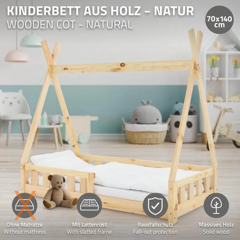 Kinderbett Tipi 70x140 cm aus Kiefernholz mit Rausfallschutz und Lattenrost Holzbett ML-Design-ECD Germany