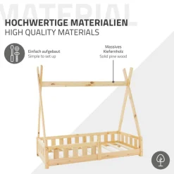 Kinderbett Tipi 70x140 cm aus Kiefernholz mit Rausfallschutz und Lattenrost Holzbett ML-Design-ECD Germany