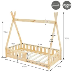 Kinderbett Tipi 70x140 cm aus Kiefernholz mit Rausfallschutz und Lattenrost Holzbett ML-Design-ECD Germany