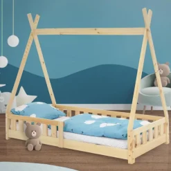 Kinderbett Tipi 80x160 cm aus Kiefernholz mit Rausfallschutz und Lattenrost Holzbett ML-Design-ECD Germany Discount