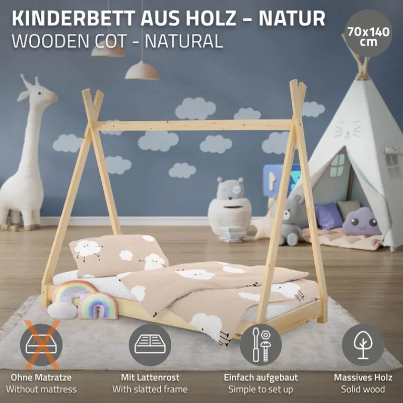 Kinderbett Tipi 70x140 cm aus Kiefernholz Holzbett mit Lattenrost ML-Design-ECD Germany Best