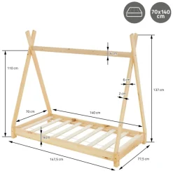 Kinderbett Tipi 70x140 cm aus Kiefernholz Holzbett mit Lattenrost ML-Design-ECD Germany Best