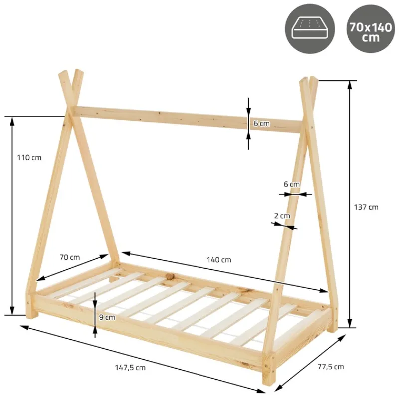 Kinderbett Tipi 70x140 cm aus Kiefernholz Holzbett mit Lattenrost ML-Design-ECD Germany Best