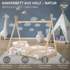 Kinderbett Tipi 70x140 cm aus Kiefernholz inkl. Matratze H-10cm Holzbett mit Lattenrost ML-Design-ECD Germany Hot